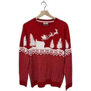 Threadbare Red Christmas Sweater Santa‎ Sleigh Cabin Holiday Knit Size L